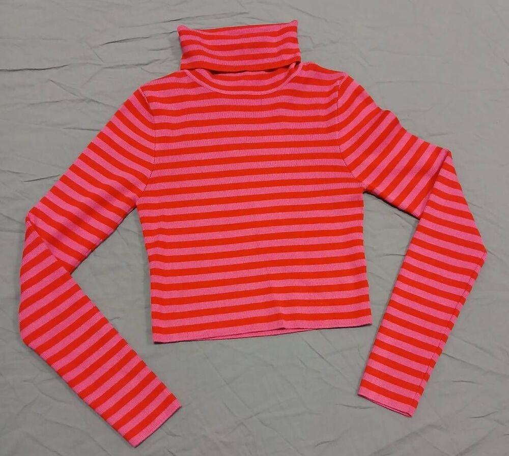 Olivaceous Womens Medium turtleneck sweater viscose pink stripe cropped